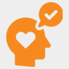 an icon of a head with a heart where their brain is, with a checkmark inside of a speech bubble