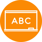an icon of a chalkboard with the letters A, B and C written on it on a orange circle