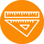 an icon of a ruler and square on an orange circle
