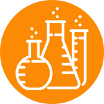 an icon of a test tube next to some beakers on a orange circle