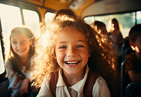 two girls smiling on a school bus